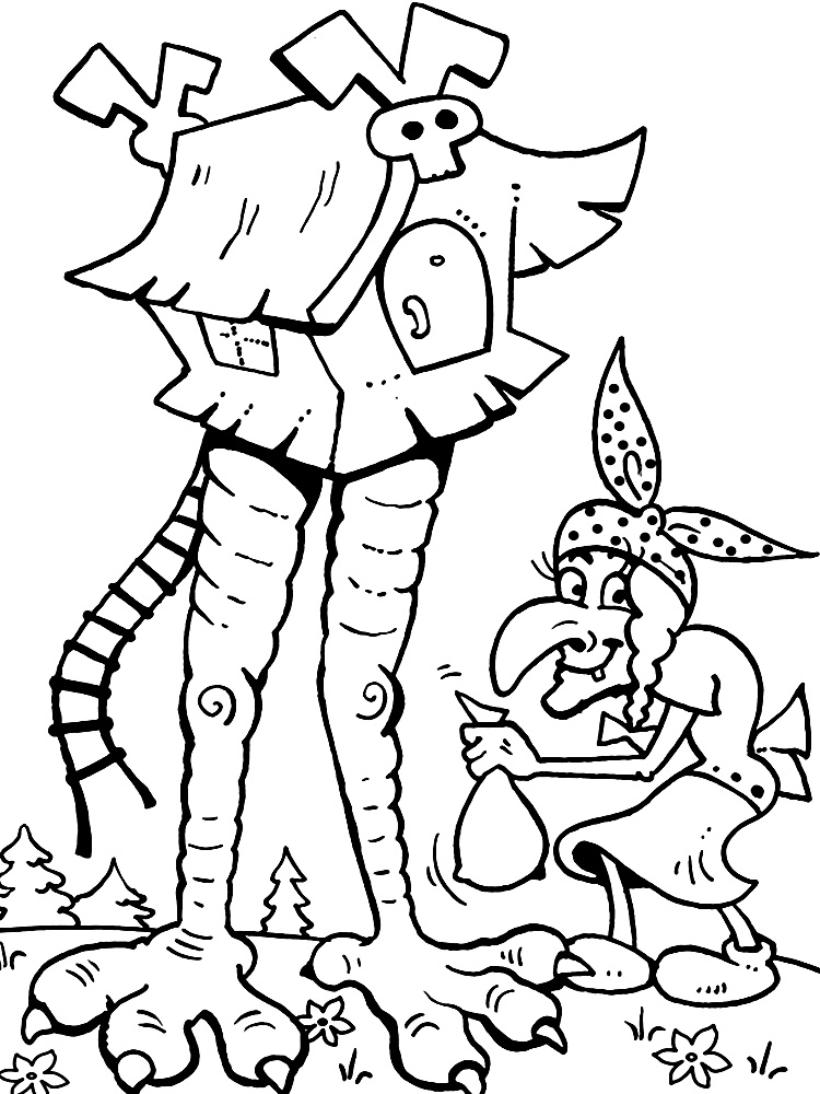 Детские раскраски с Бабой-Ягой. Баба-Яга несет в свою избушку на курьих ножках мешочек с травами для колдовского зелья.