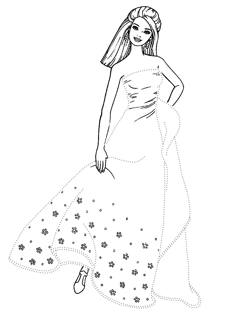 Распечатать черно-белые картинки Барби для девочек. Обведи по точкам контур и раскрась Барби в нарядном платье.