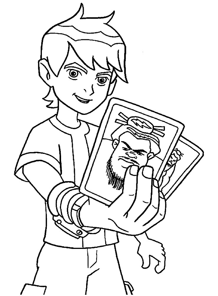Детская разукраска на которой Бен 10 держит карточки со своими любимыми борцами суммо
